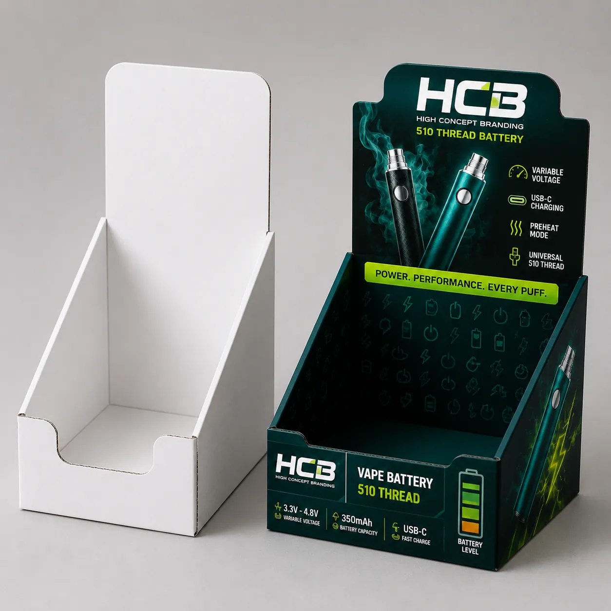 Custom printed cardboard counter display boxes for vape batteries displayed with a blank corrugated version. class=